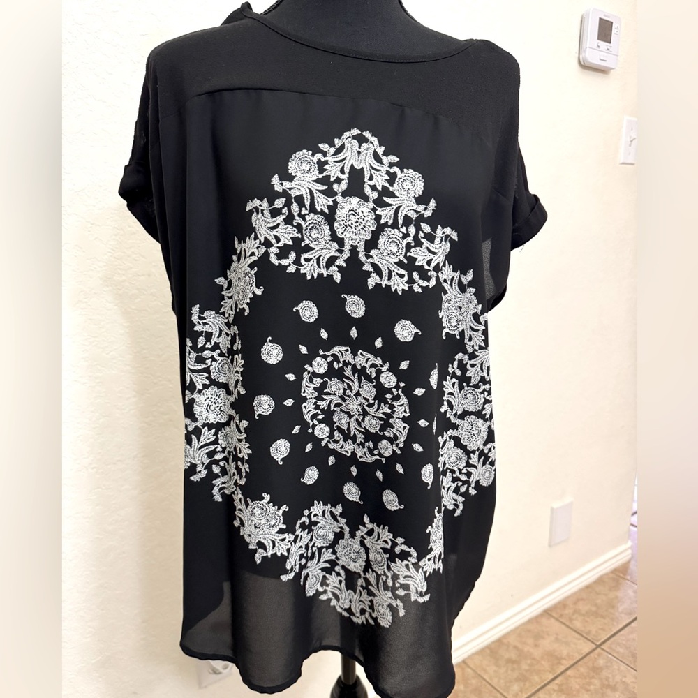 Sheer Black and White Bandana Print Blouse